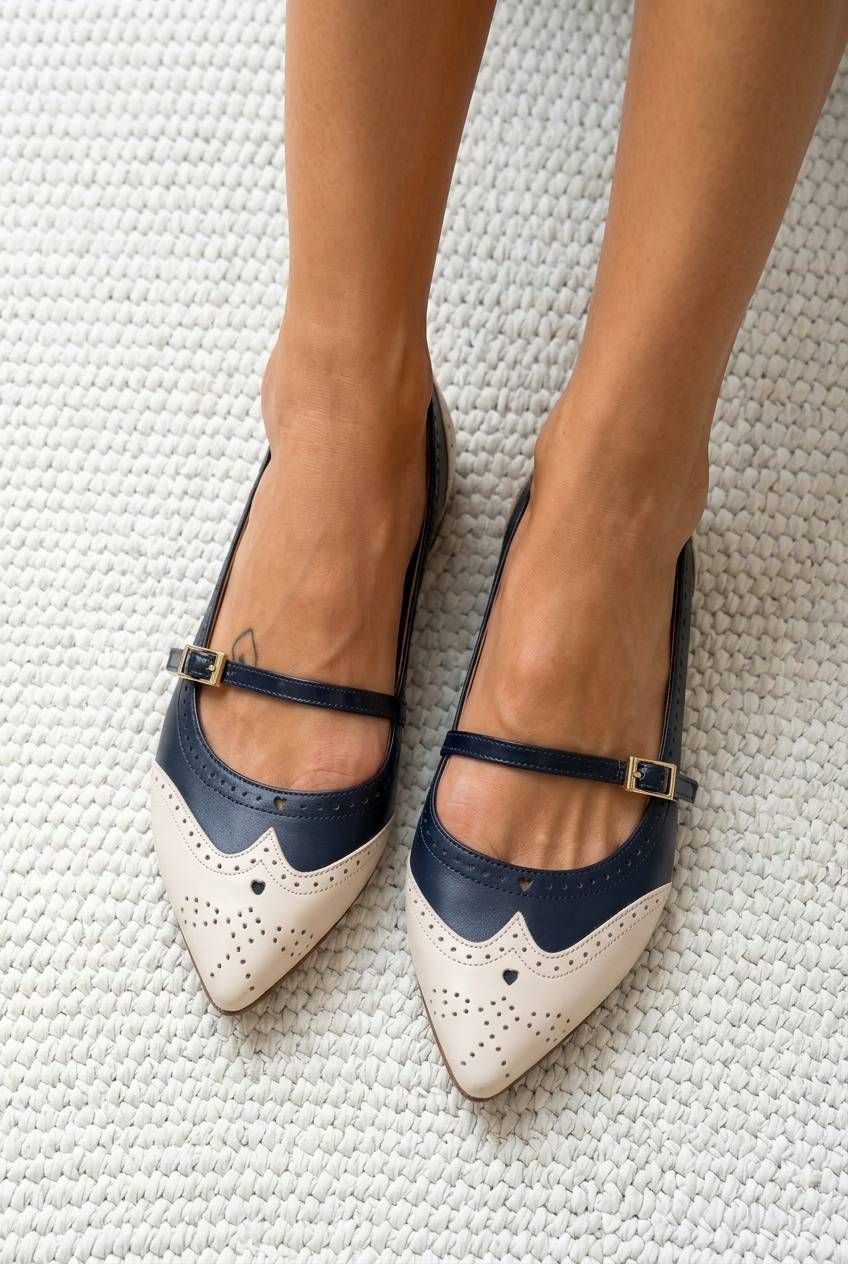 Two-Tone Almond-Toe Flats with Brogue Details and Buckle