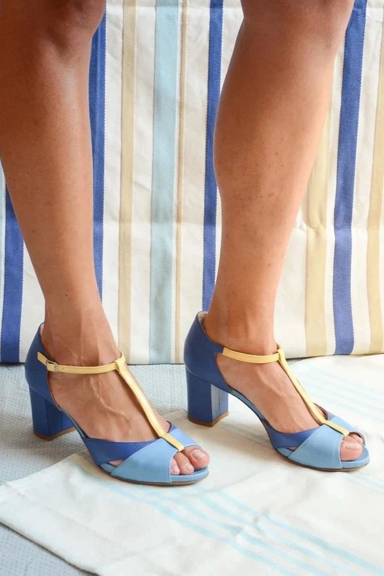 Colour-Block Mid Heels with T-Bar Strap and Open Toe