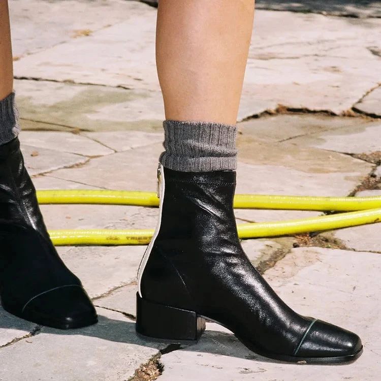 Black Colour-Block Square-Toe Ankle Boots with Zip and Low Block Heel
