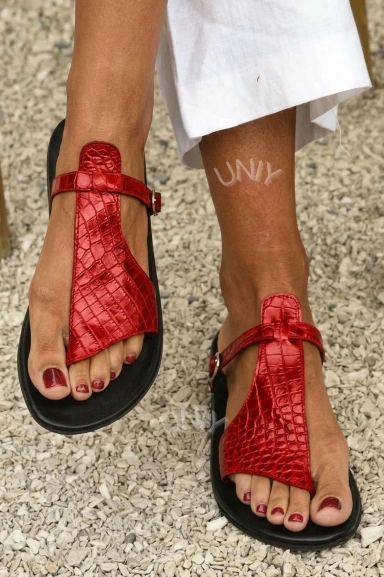 Crocodile-Effect Thong Sandals with Buckled Instep Strap