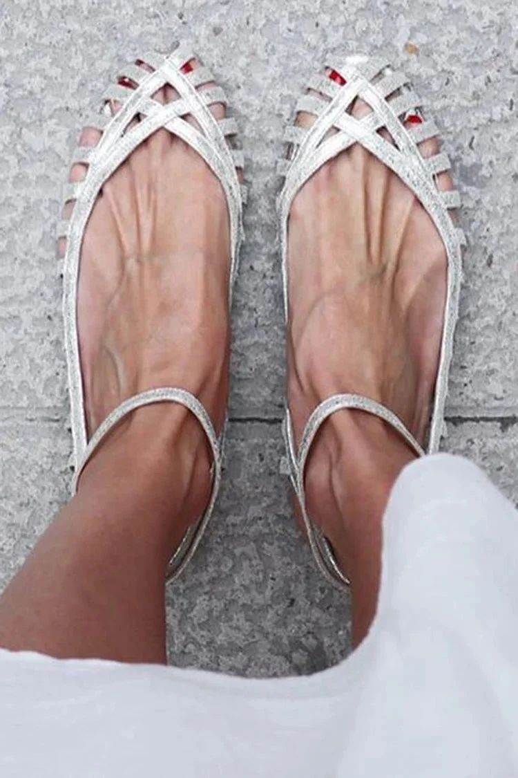 Silver Cut-Out Round-Toe Sandals with Ankle Strap