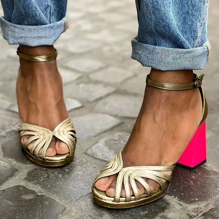 Peep-Toe Cut-Out Block-Heel Sandals with Ankle Strap