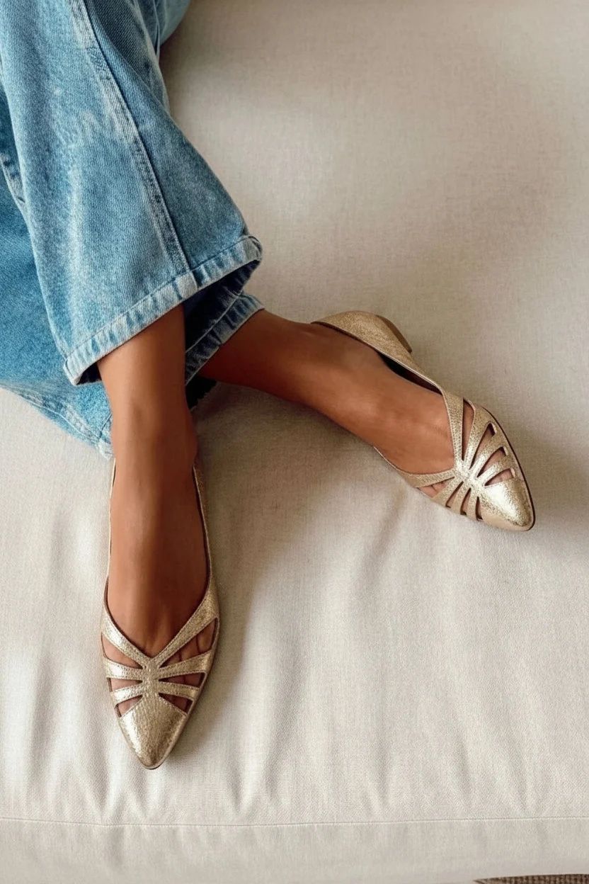 Gold Metallic Pointed-Toe Flats with Radial Cut-Outs