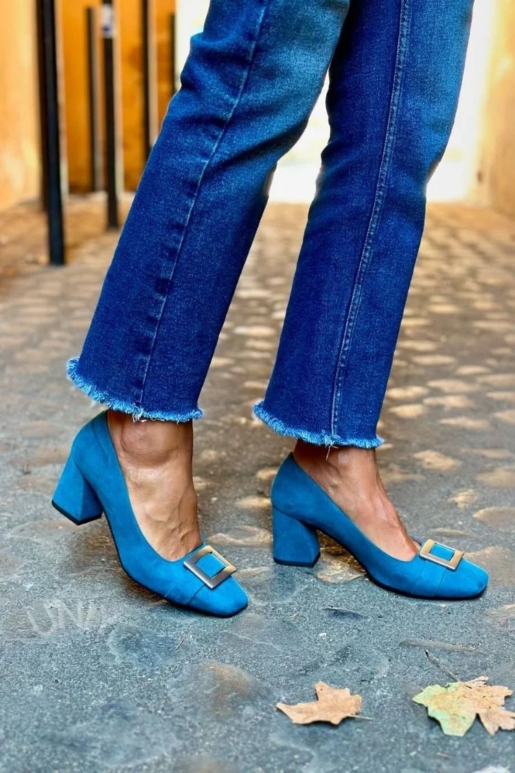 Navy Patchwork Square-Toe Block Heels