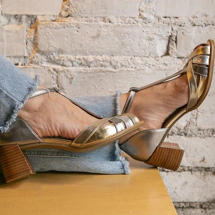 Comfortable Metallic Gold Open-Toe Block Heels with Buckle, T-Bar Strap and Crossover Straps