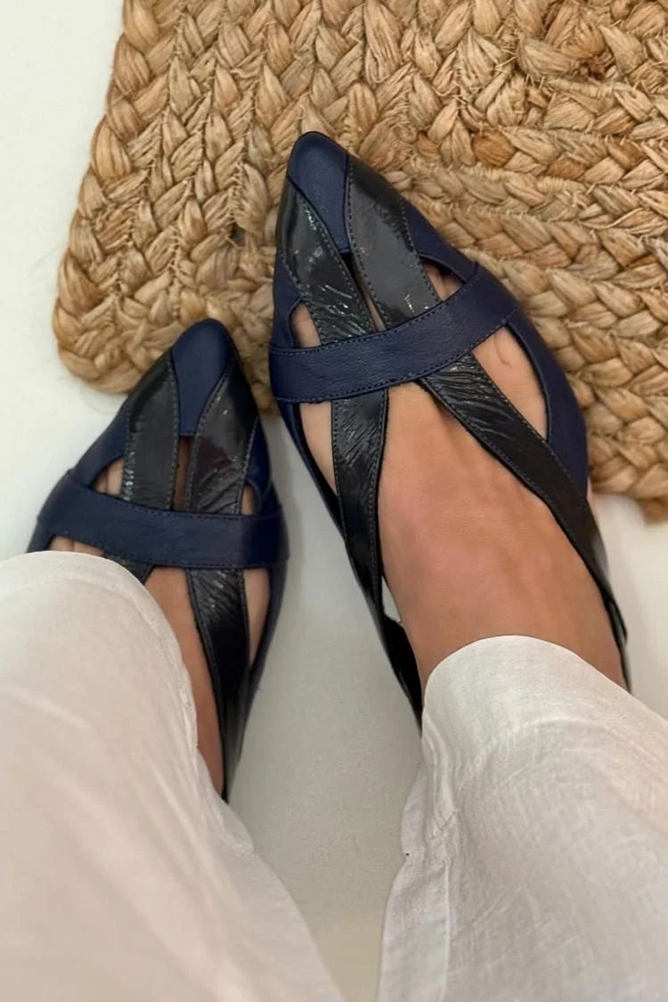 Navy Patchwork Cut-Out Pointed-Toe Slingback Flats
