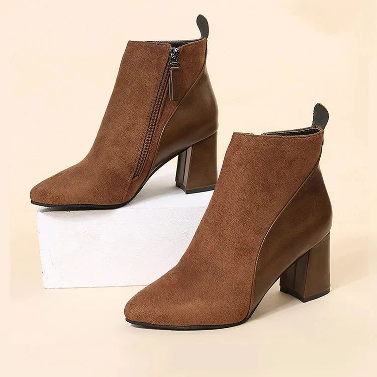 Pointed-Toe Patchwork Chunky-Heel Ankle Boots with Zip