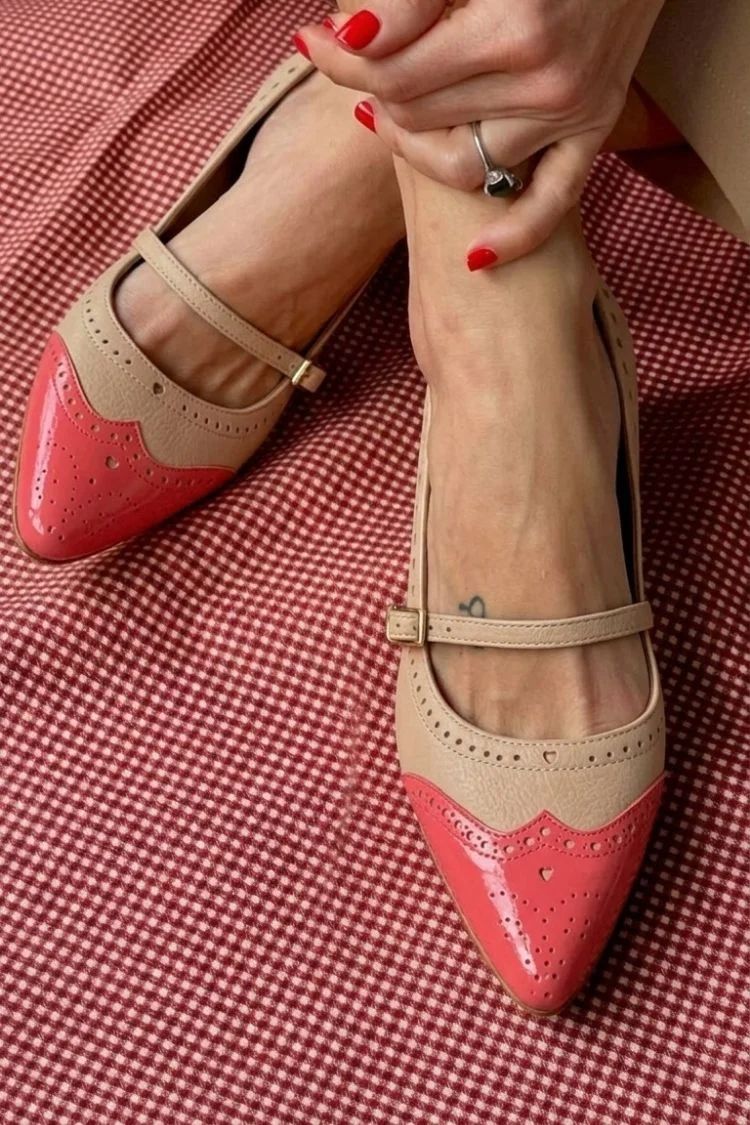 White Colour-Block Pointed-Toe Low Heels with Buckled Instep Strap