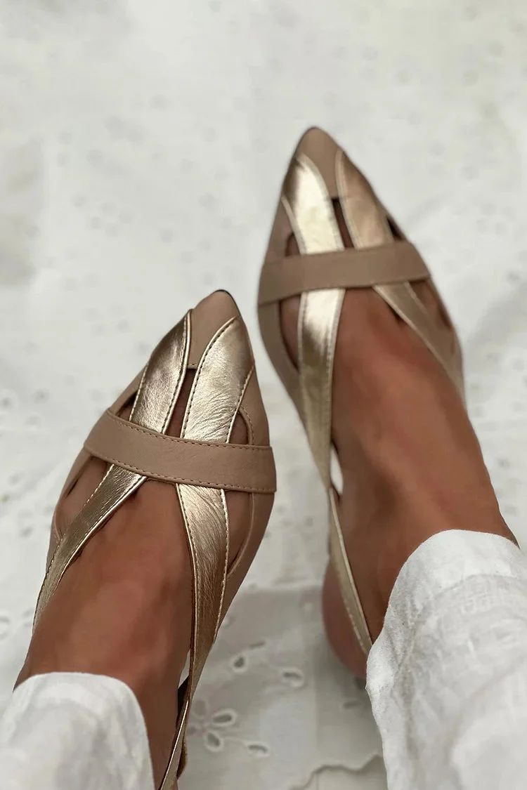 Gold Pointed-Toe Cut-Out Slingback Flats