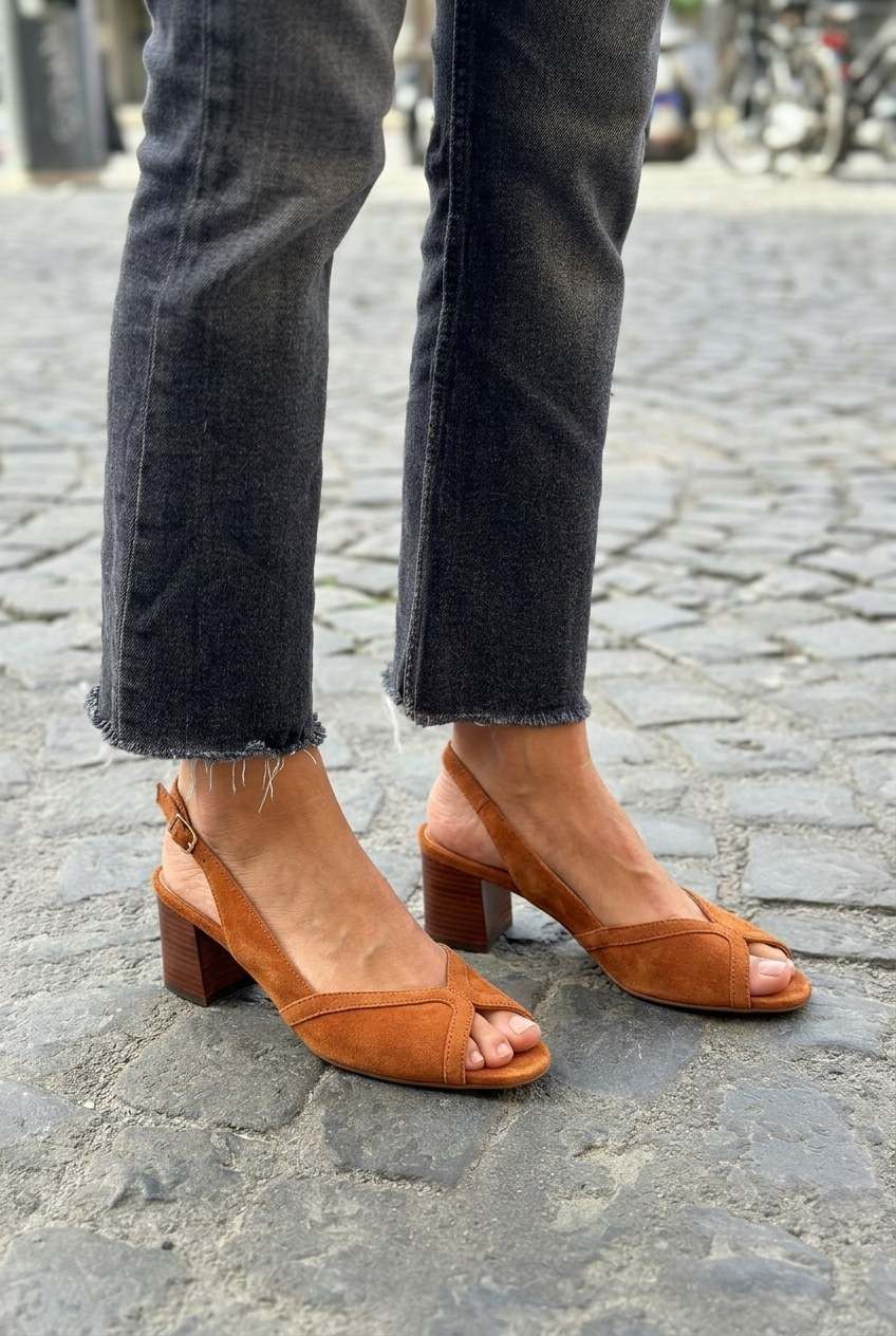 Suede Open-Toe Slingback Block Heels with Crossover Straps