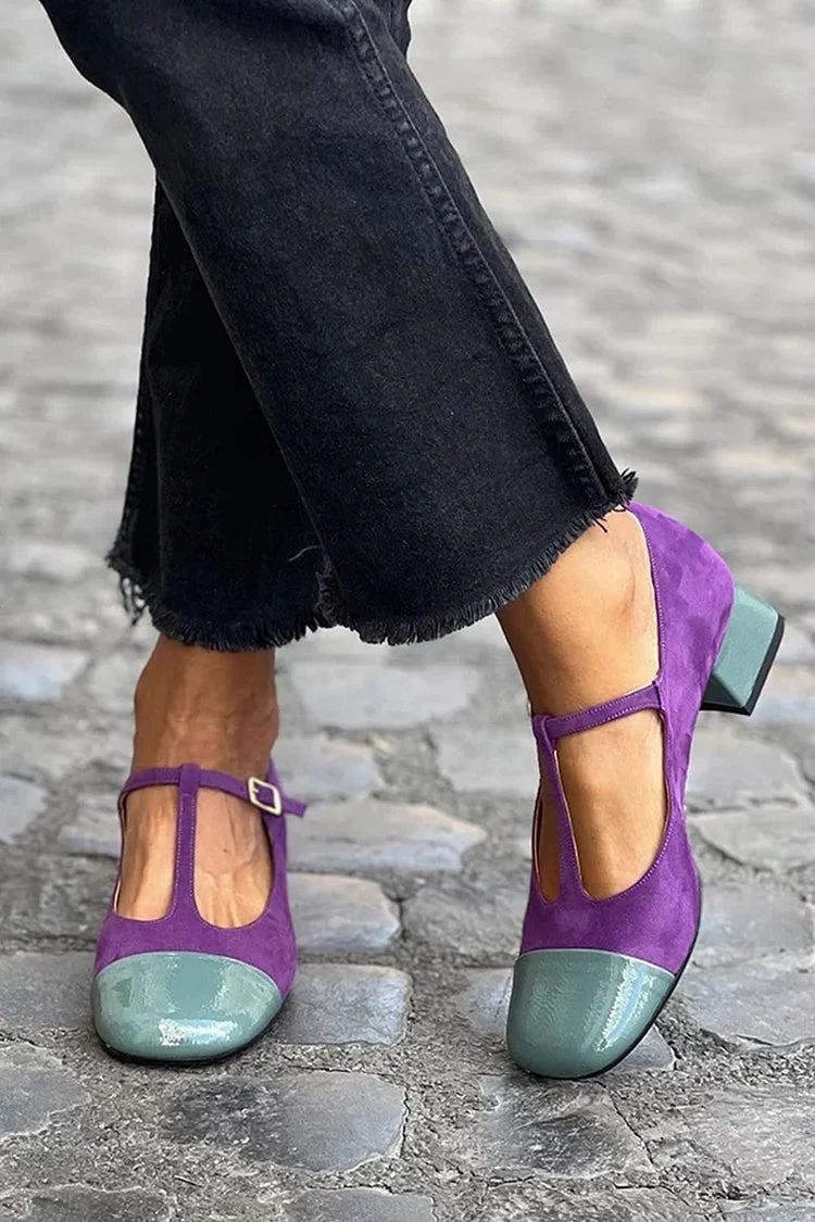 Purple Colour-Block Round-Toe Block Heels with Buckle and T-Bar Strap