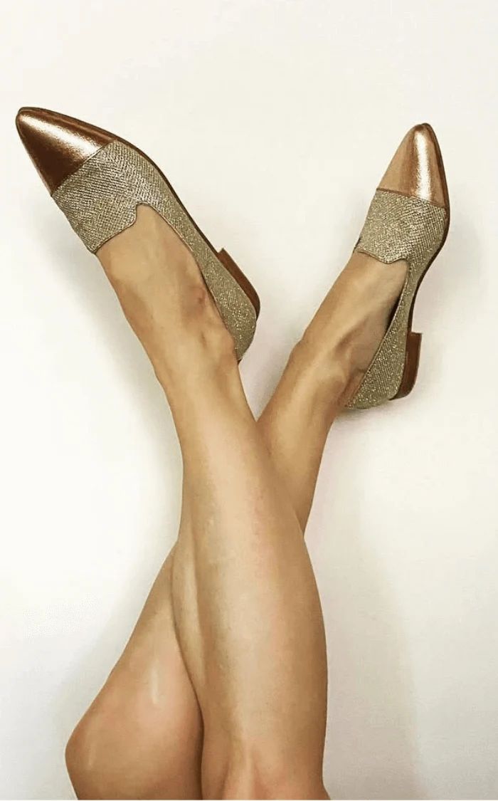 Gold Metallic Glitter Pointed-Toe Loafers with Scalloped Edges