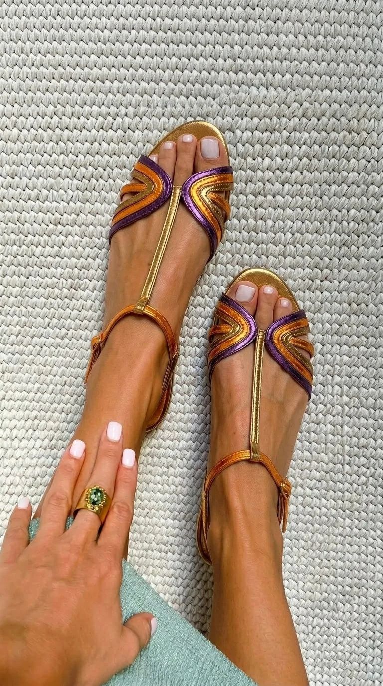 Purple and Gold Metallic Peep-Toe Sandals with T-Bar Strap
