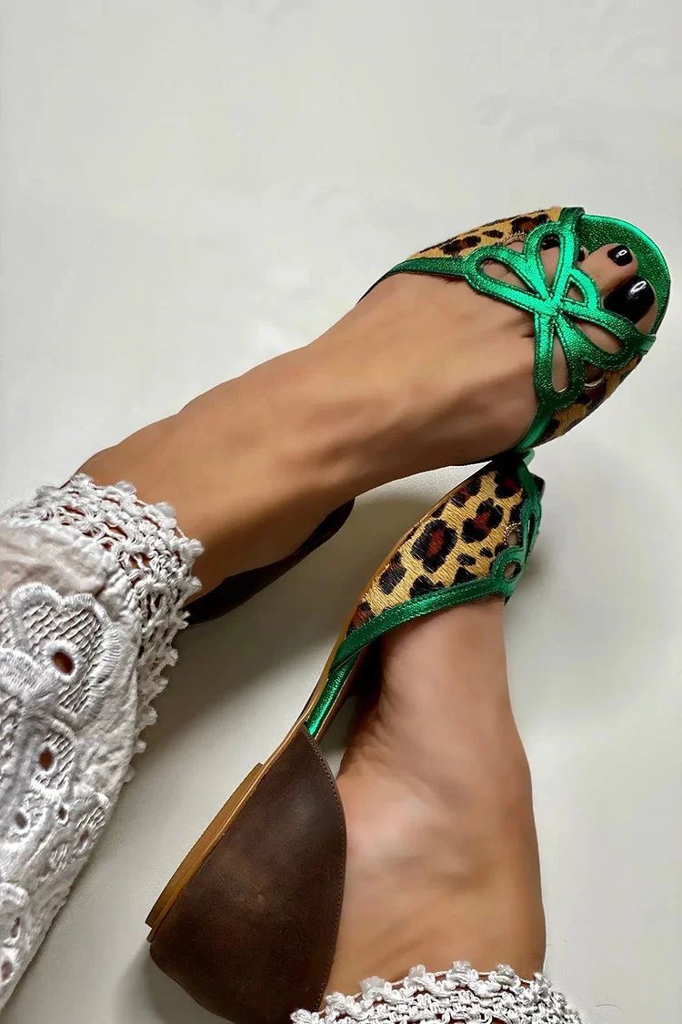 Green Leopard-Print Colour-Block Cut-Out Sandals