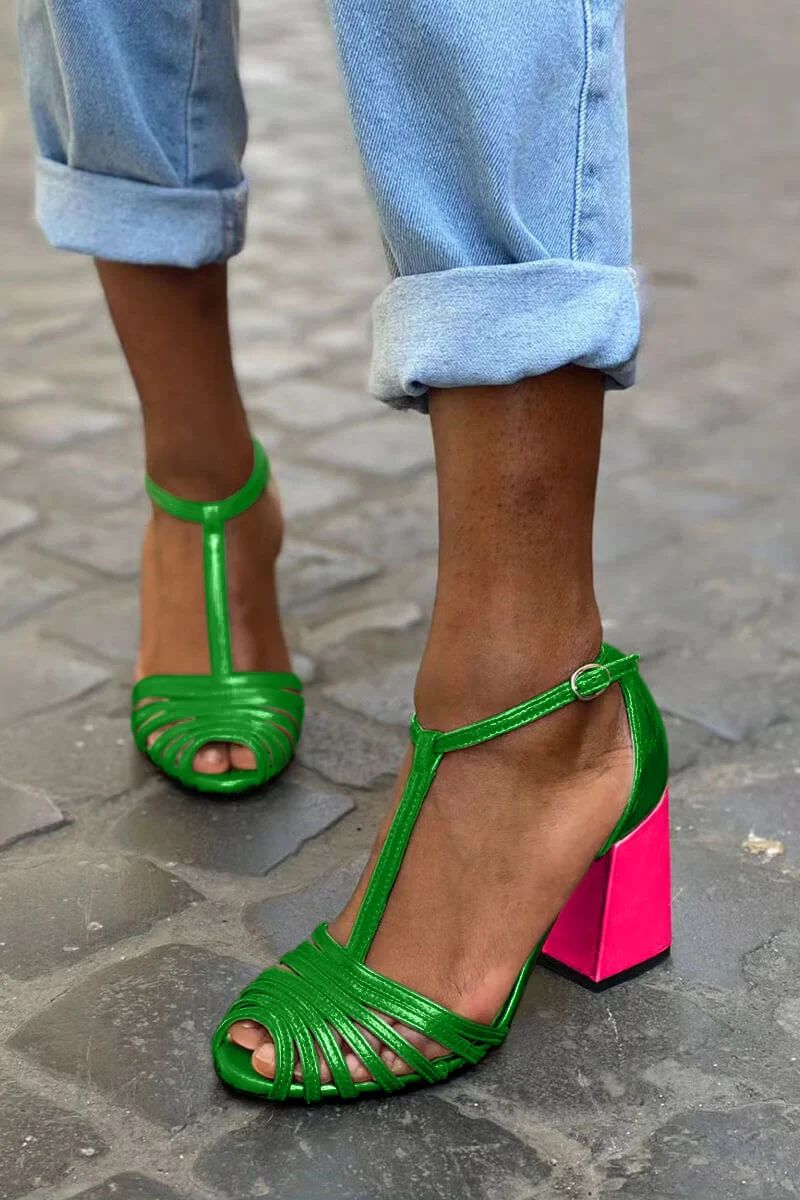 Peep-Toe Block Heels with Buckle, T-Bar Strap and Straps