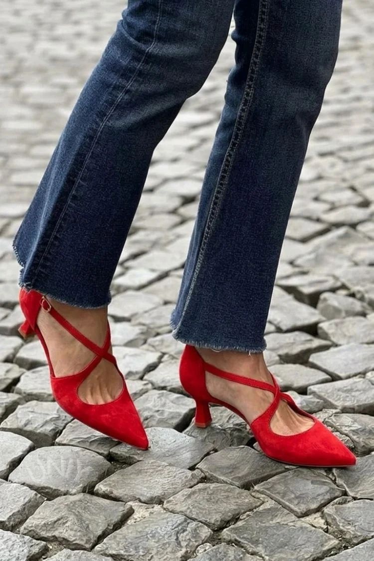 Khaki Solid-Colour Pointed-Toe Low Heels with Buckle and Crossover Straps
