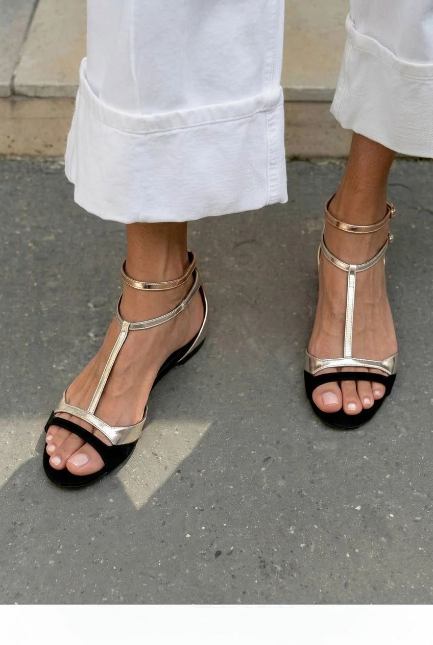 Metallic Flat Open-Toe Sandals with T-Bar Strap