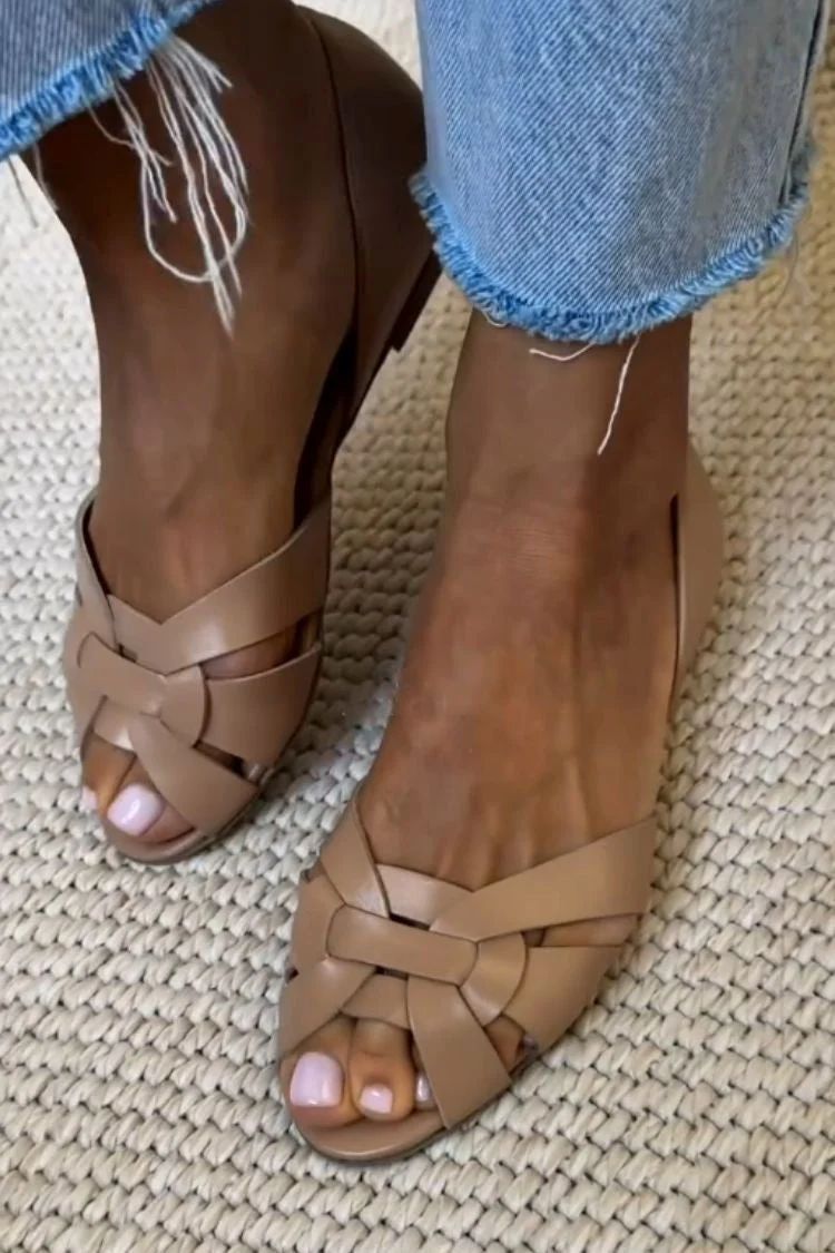 Faux Leather Woven Peep-Toe Flats with Crossover Straps and Closed Heel