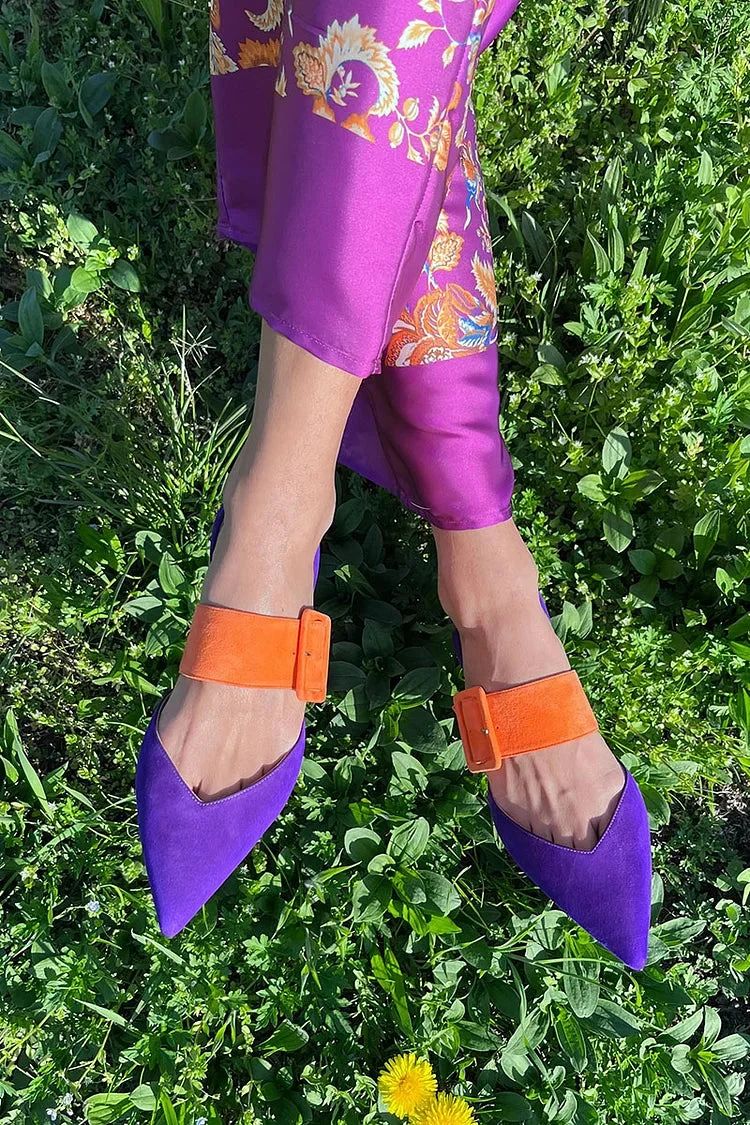 Colour-Block Pointed-Toe Slip-On Flats with Buckle
