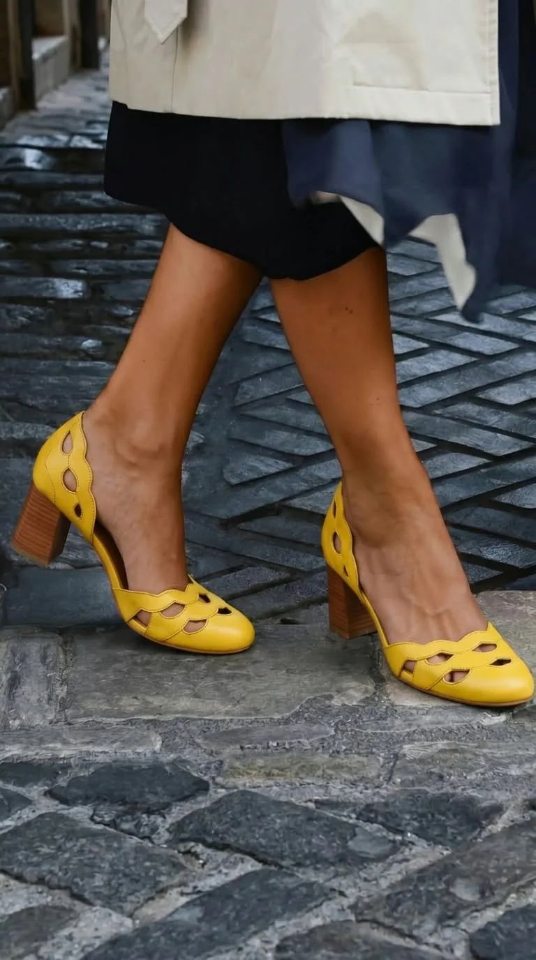 Tan Leather Chunky Block-Heel Sandals with Scalloped Cut-Outs