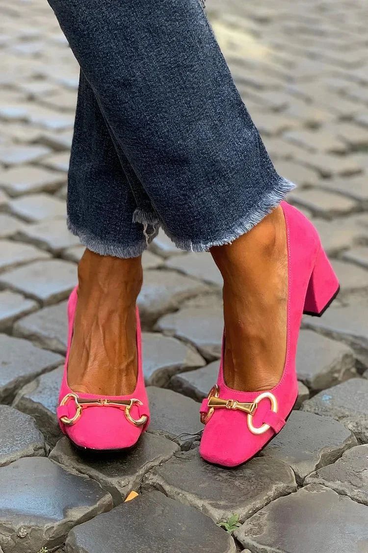Solid-Colour Square-Toe Chunky Heels with Alloy Buckle
