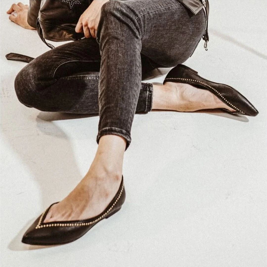 Versatile Black Pointed-Toe Slip-On Flats with V-Cut and Studs