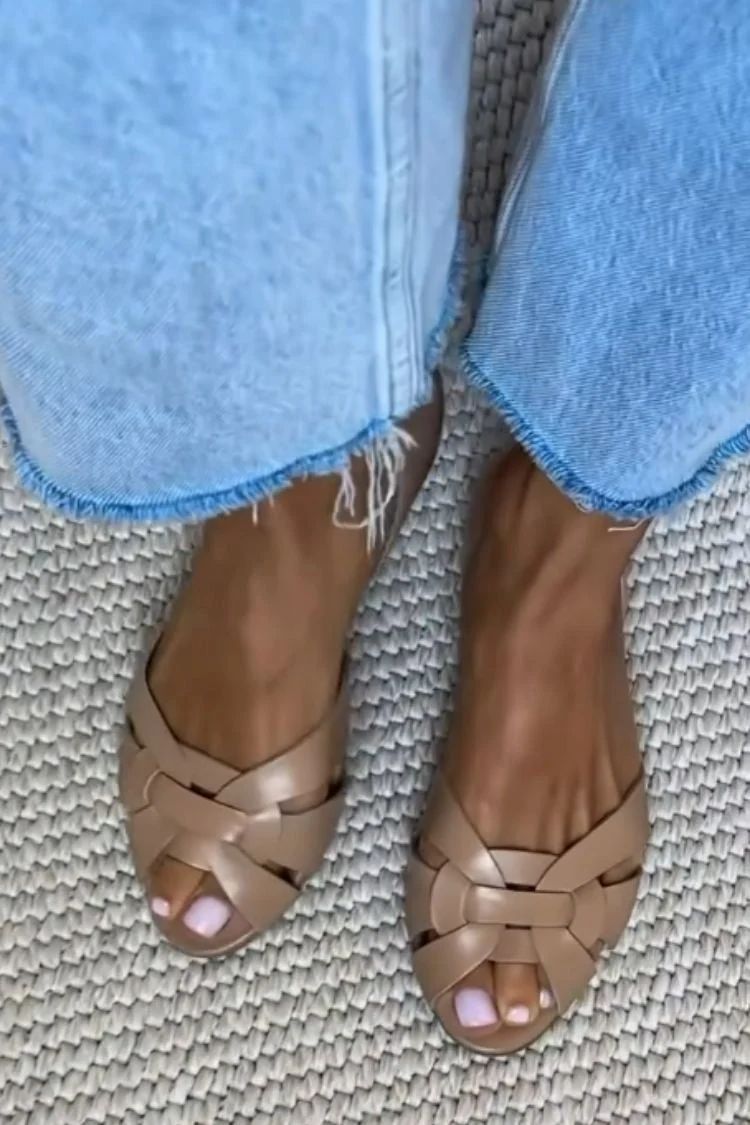 Faux Leather Woven Peep-Toe Flats with Crossover Straps and Closed Heel