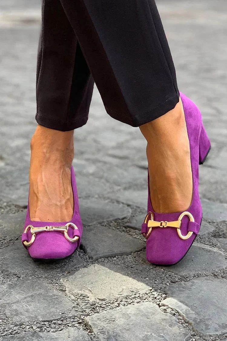 Solid-Colour Square-Toe Chunky Heels with Alloy Buckle