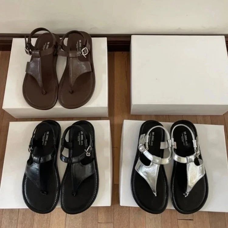 Casual Solid-Colour Thong Sandals with Ankle Strap and Buckle