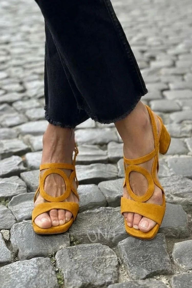Yellow Cut-Out Square-Toe Slingback Heeled Sandals
