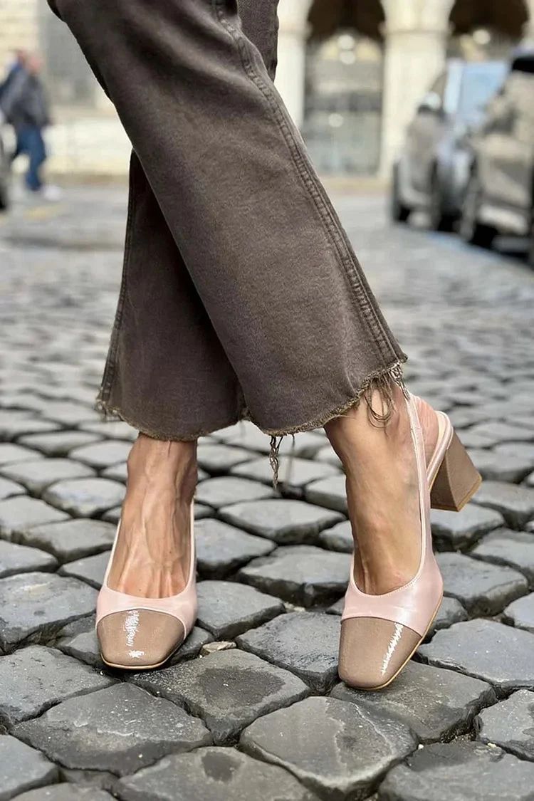 Light Pink Colour-Block Chunky-Heel Shoes with Square Toe and Open Back