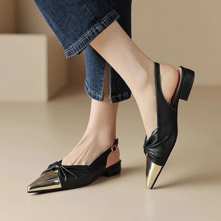 Pointed-Toe Slingback Flats with Metal Bow and Stitching