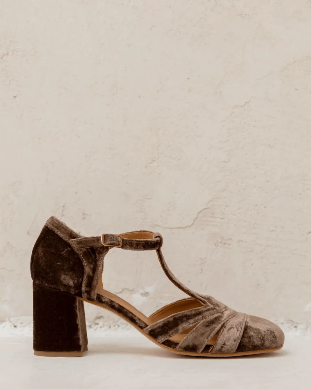 Velvet Cut-Out Block Heels with Buckle and T-Bar Strap