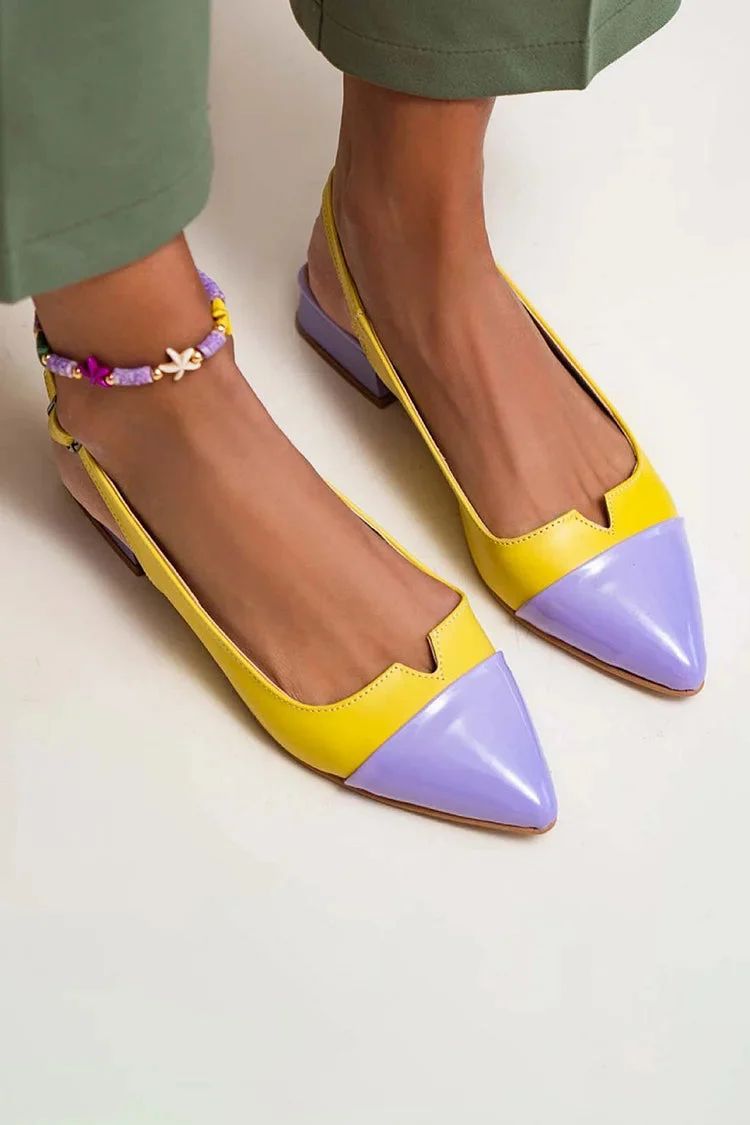 Colour-Block Pointed-Toe Cut-Out Slingback Flats with Buckle