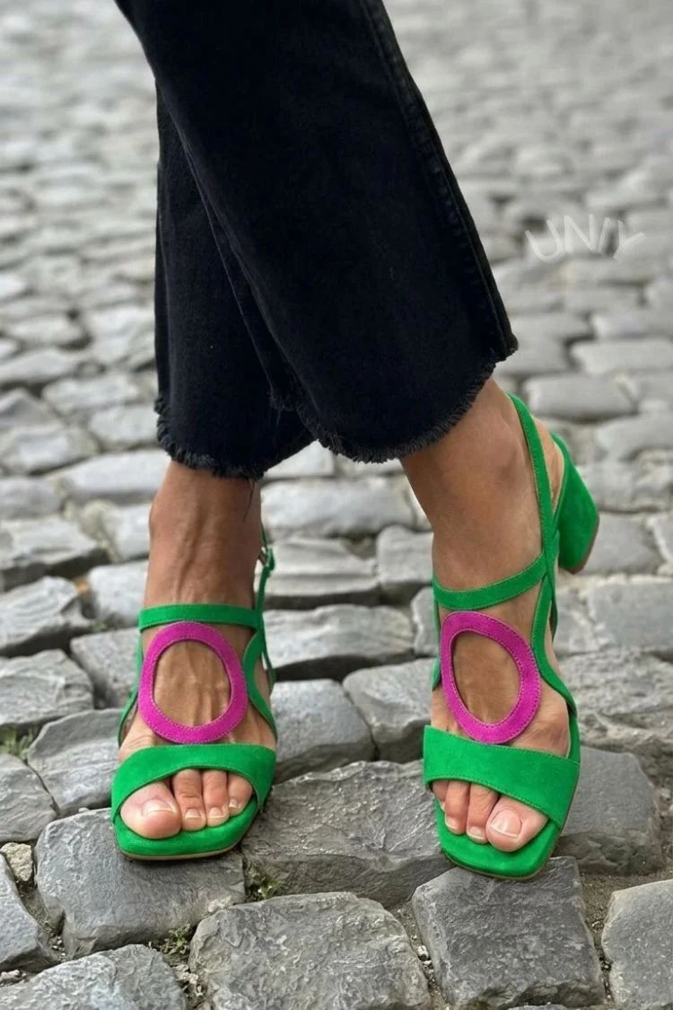 Yellow Cut-Out Square-Toe Slingback Heeled Sandals