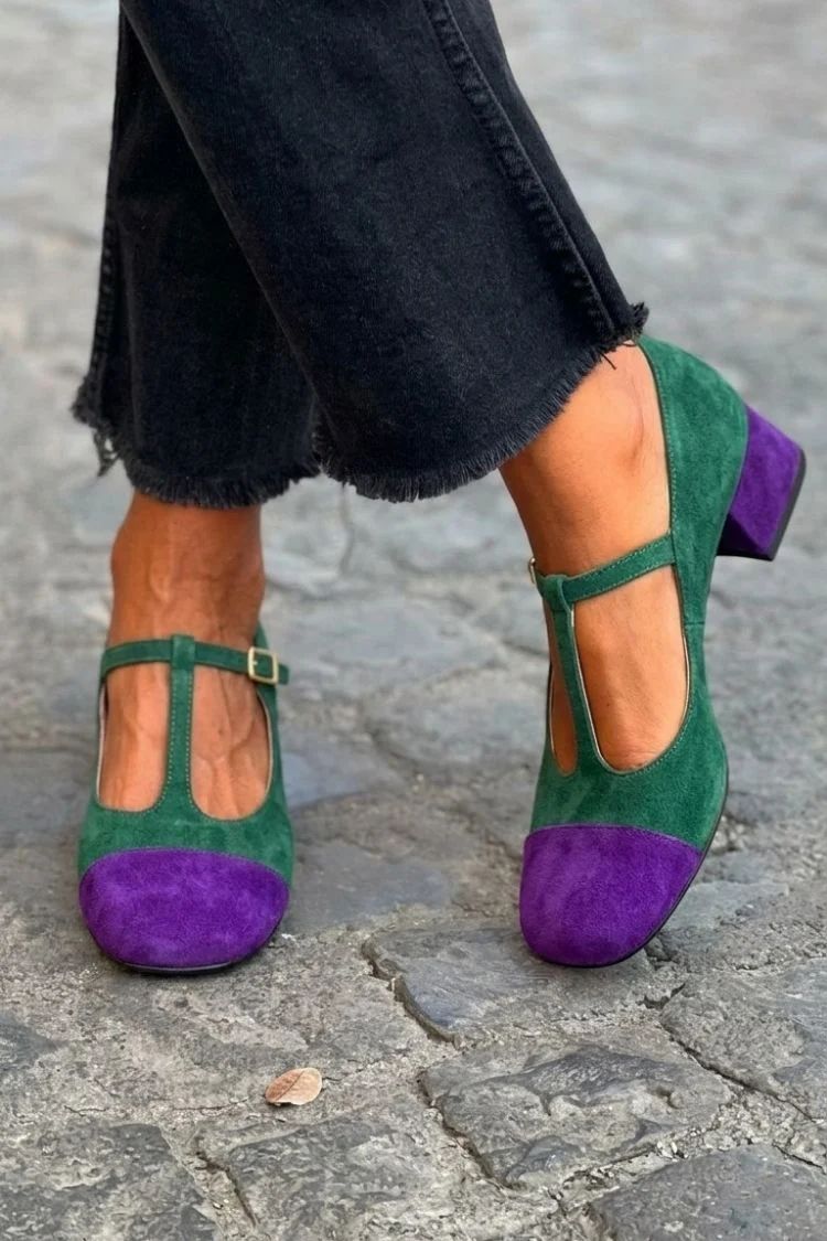 Red Patchwork Round-Toe Block Heels with Buckle and T-Bar Strap
