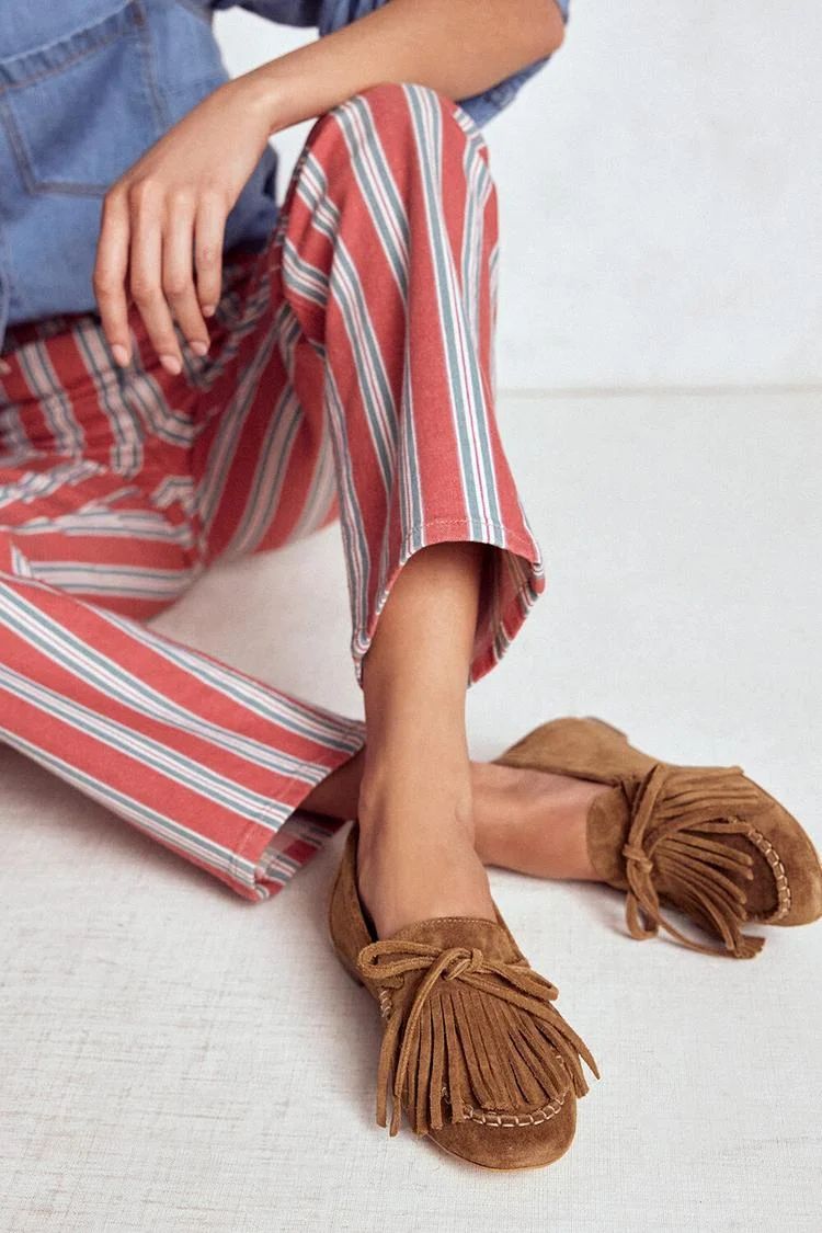 Camel Solid-Colour Round-Toe Loafers with Fringe