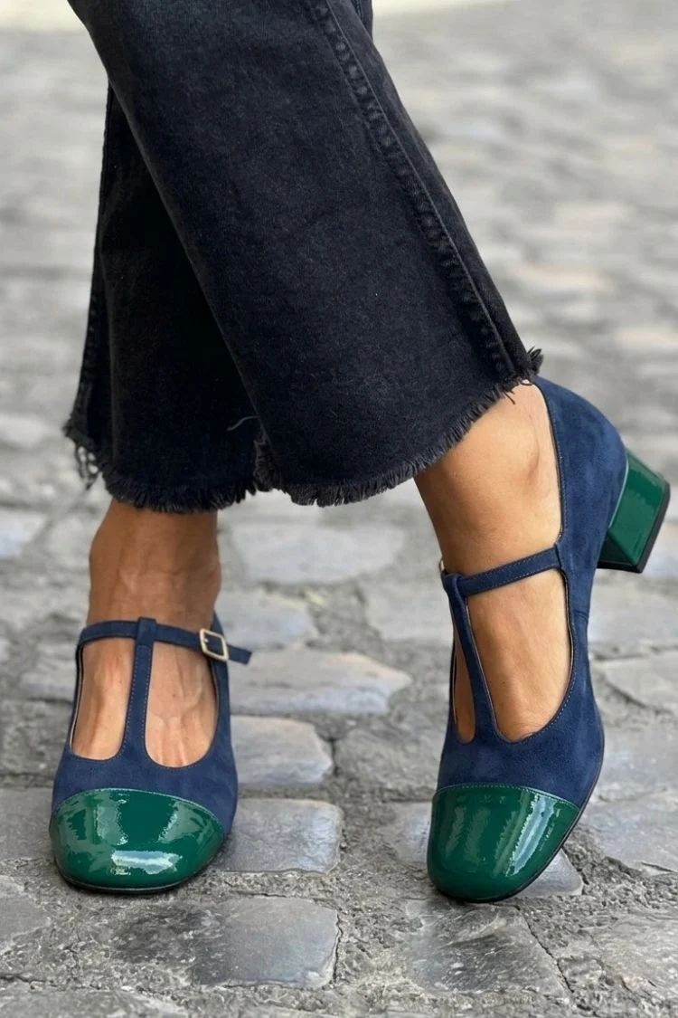 Purple Colour-Block Round-Toe Block Heels with Buckle and T-Bar Strap