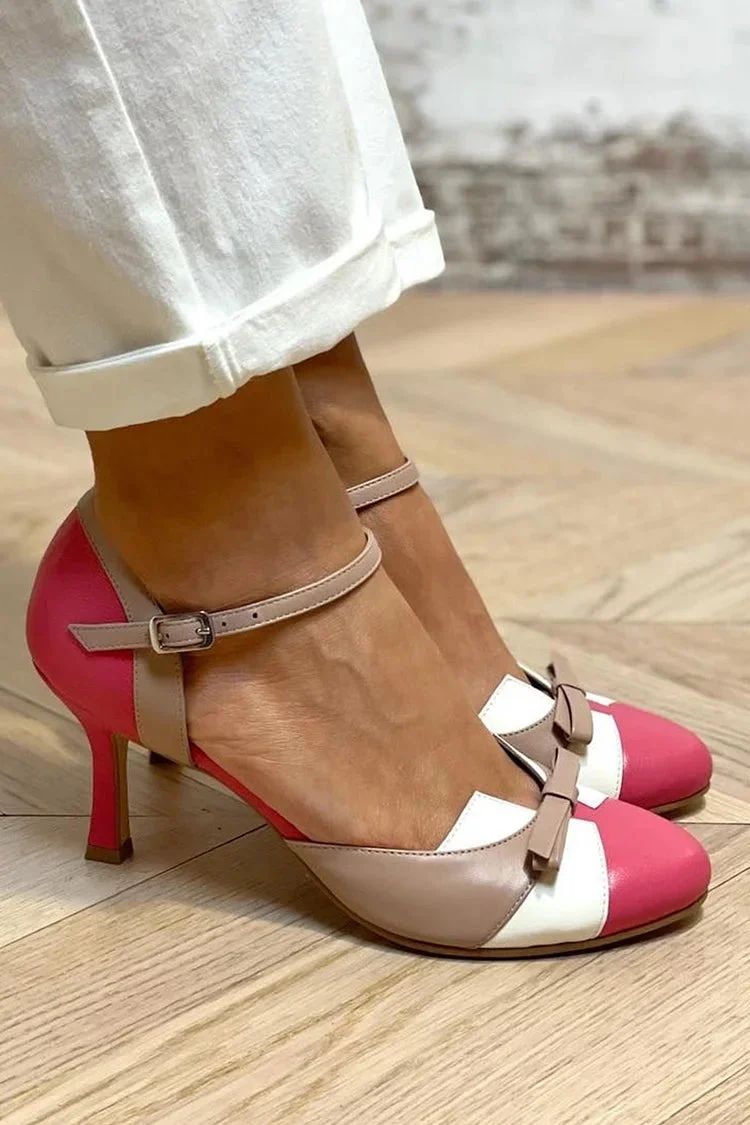 Fuchsia Colour-Block Patchwork Round-Toe Stilettos with Bow