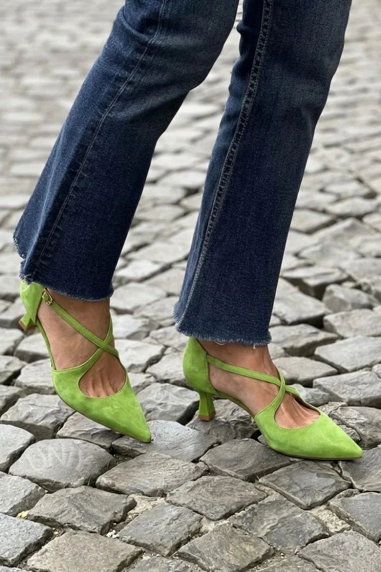 Khaki Solid-Colour Pointed-Toe Low Heels with Buckle and Crossover Straps