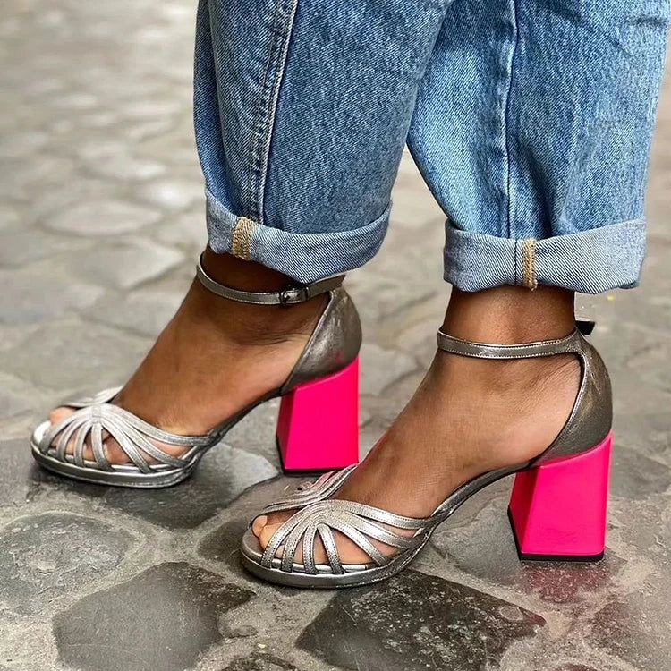 Elegant Sparkling Colour-Block Peep-Toe Block Heels with Ankle Strap and Buckle