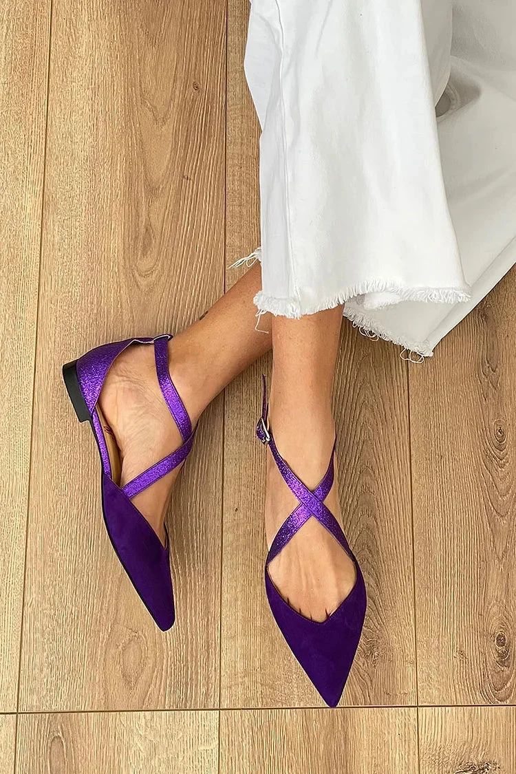 Pointed-Toe Glitter Flats with Matt Crossover Strap