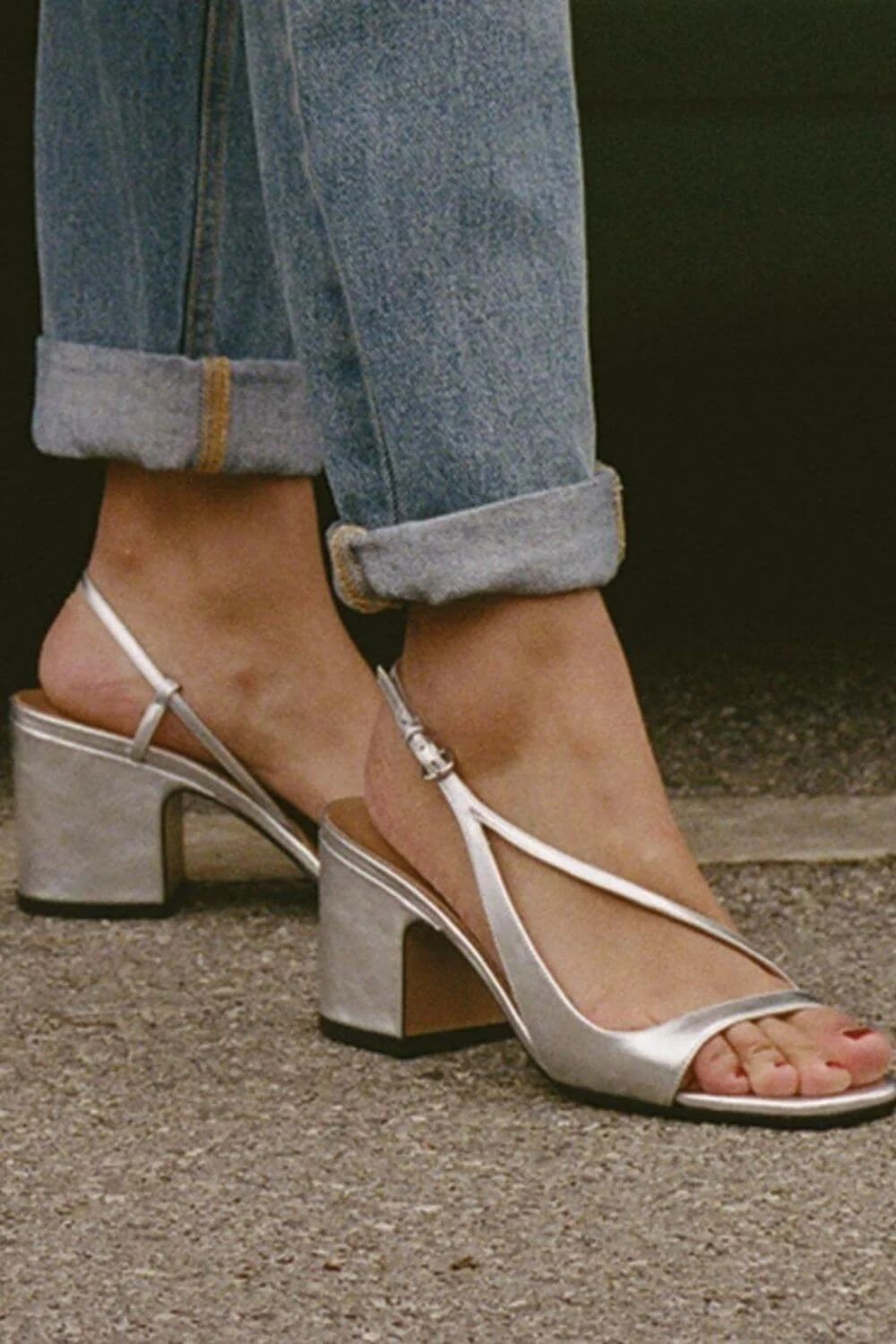 Metallic Strappy Sandals with Block Heel