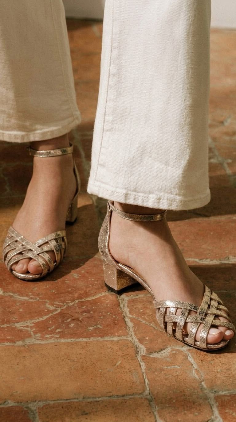 Gold Woven Peep-Toe Block Heels with Ankle Strap and Buckle