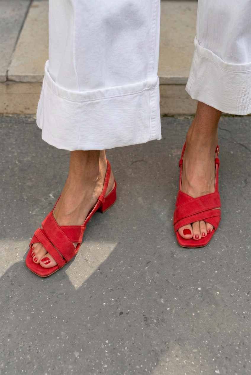 Red Suede Block-Heel Sandals with Crossover Straps and Square Toe