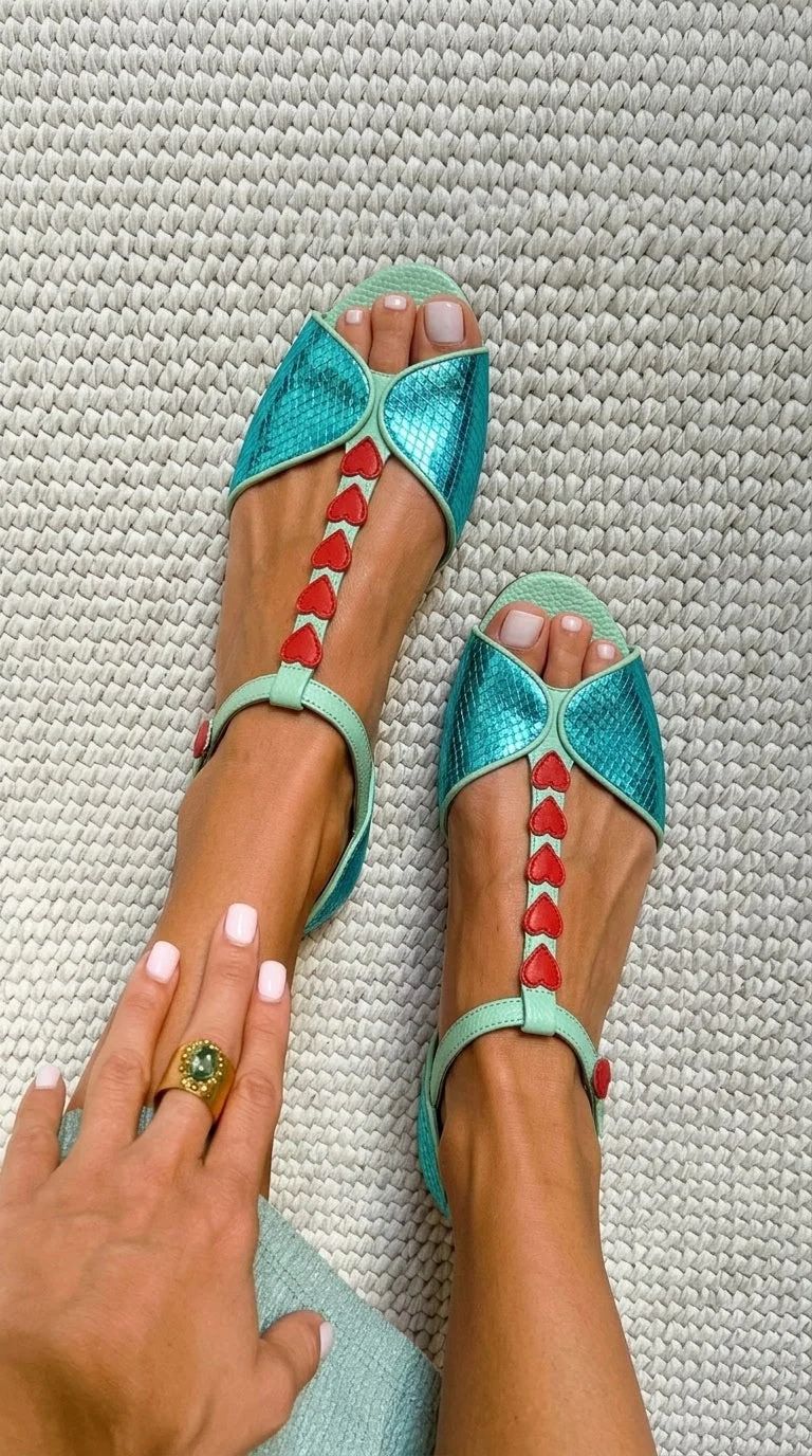 Teal Flat Sandals with Red Heart, Open Toe and T-Bar Strap