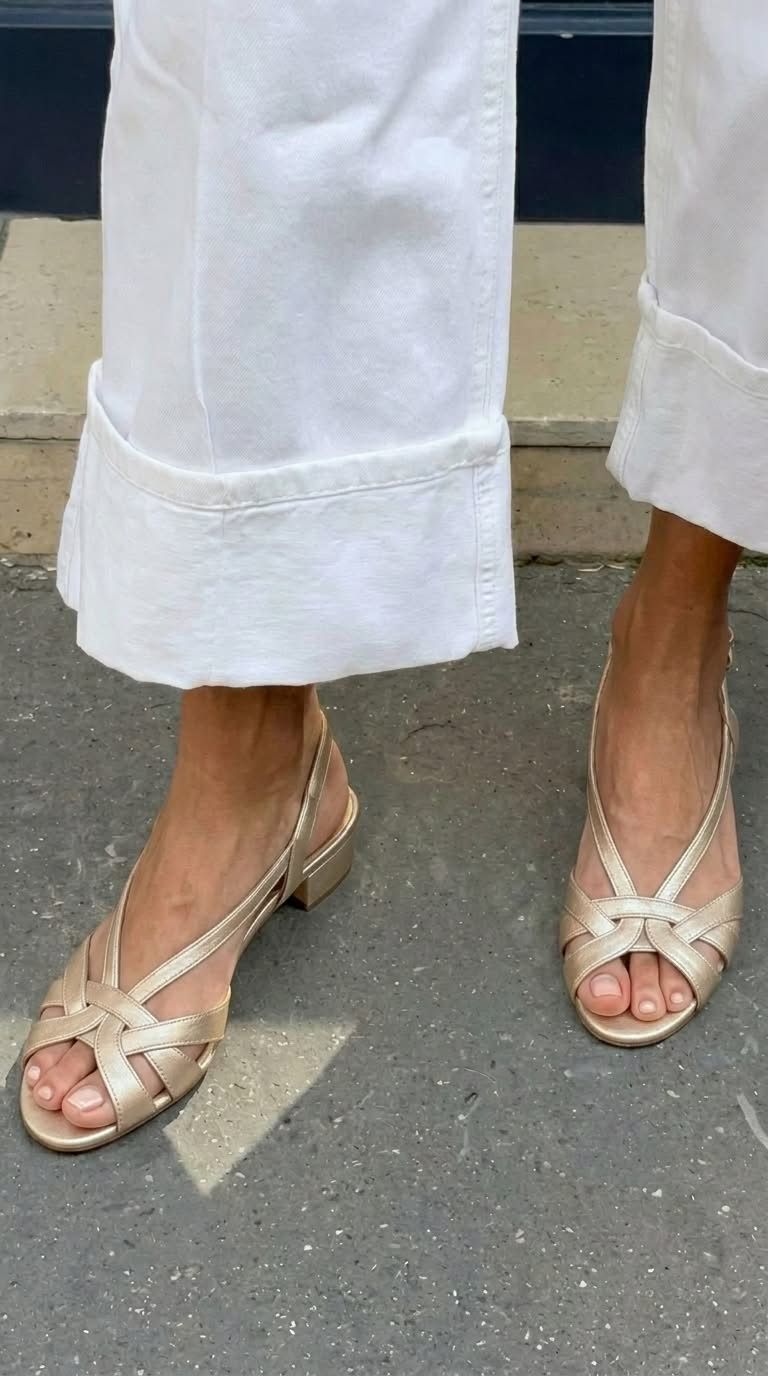 Nude Leather Slingback Sandals with Crossover Straps and Low Heel