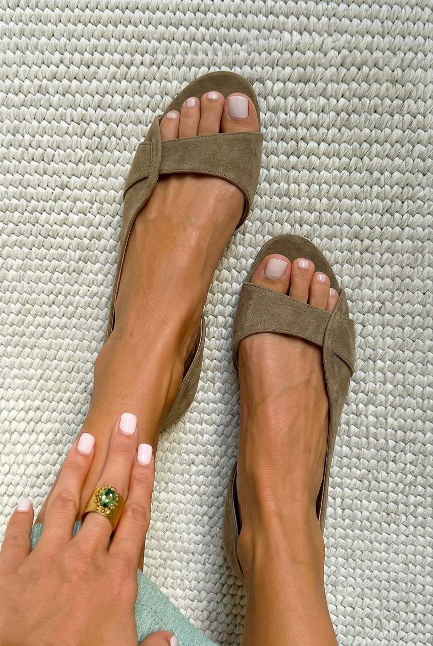 Beige Suede Summer D'Orsay Flat Sandals with Open Toe