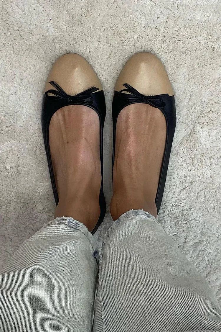 Black Colour-Block Round-Toe Flats with Bow