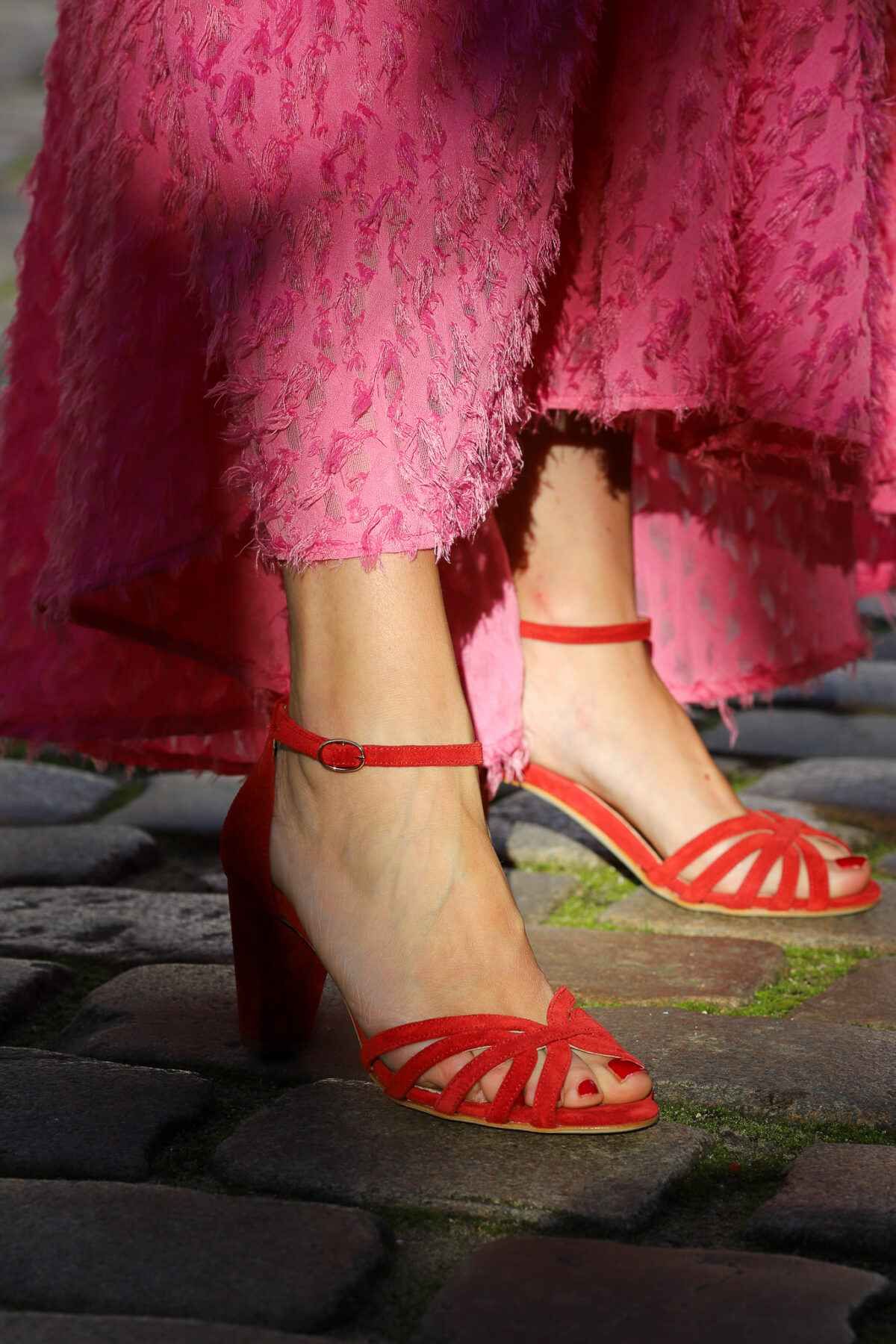 Red Suede Open-Toe Sandals with Crossover Straps